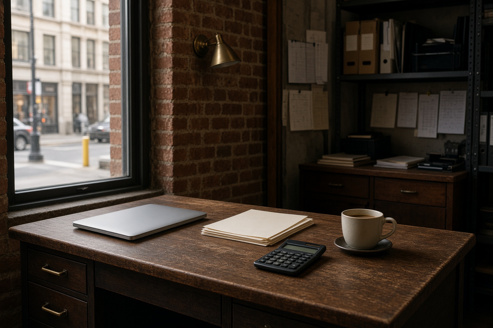 A quiet back office with a laptop, calculator, and a stack of folders